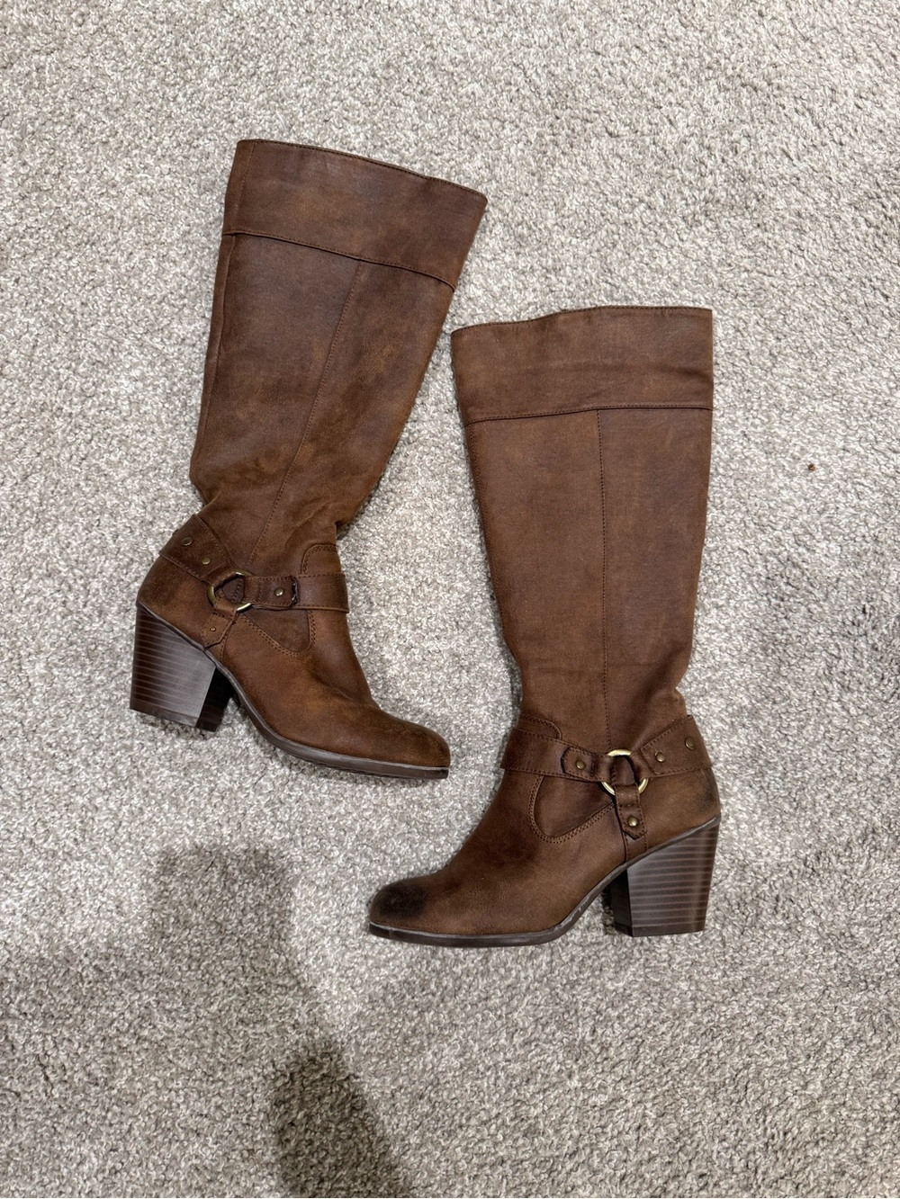 Brown Women's Mid-Calf Block Heel Distressed Faux Leather Boots